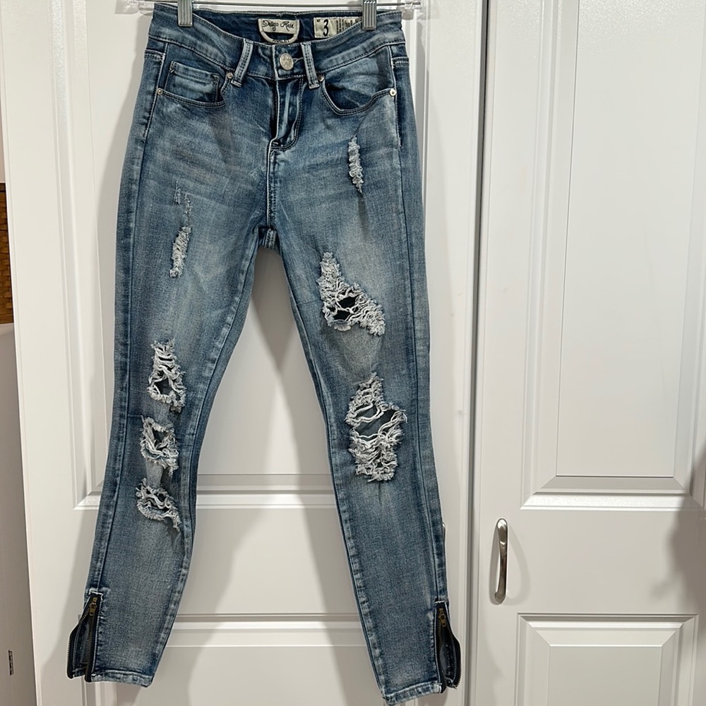 Women’s juniors Indigo Rein distressed skinny stretch zipper ankle jeans size 3